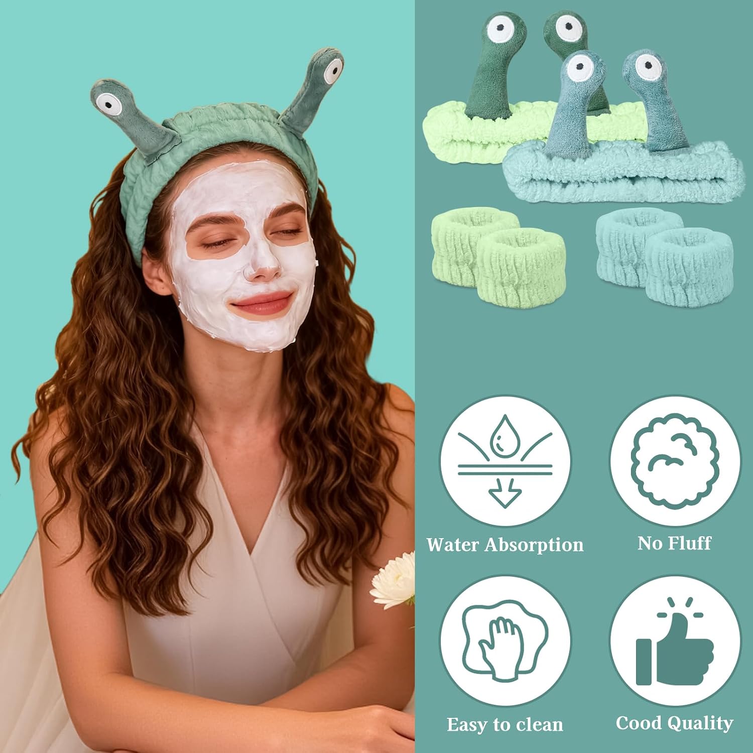 Snail Face Wash Headband Skincare & Wrist Bands for Washing Face Set Cute Spa Headband for Women and Wrist Faces Wash Bands for Shower, Facial Cleaning, Soft Coral Fleece Makeup Headbands,Green