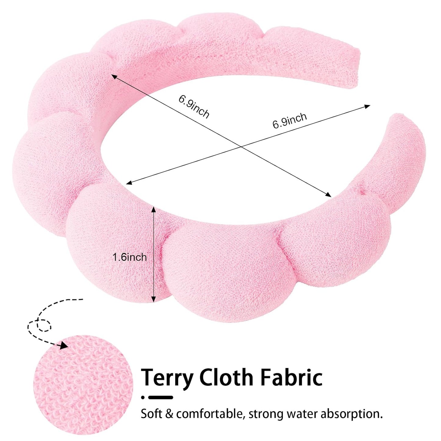 WHAVEL 3 Pack Spa Headband Skincare Headbands, Makeup Headband Sponge Terry Cloth Headbands Face Wash Headband Puffy Hair Band for Washing Face Women Girls (Pink)
