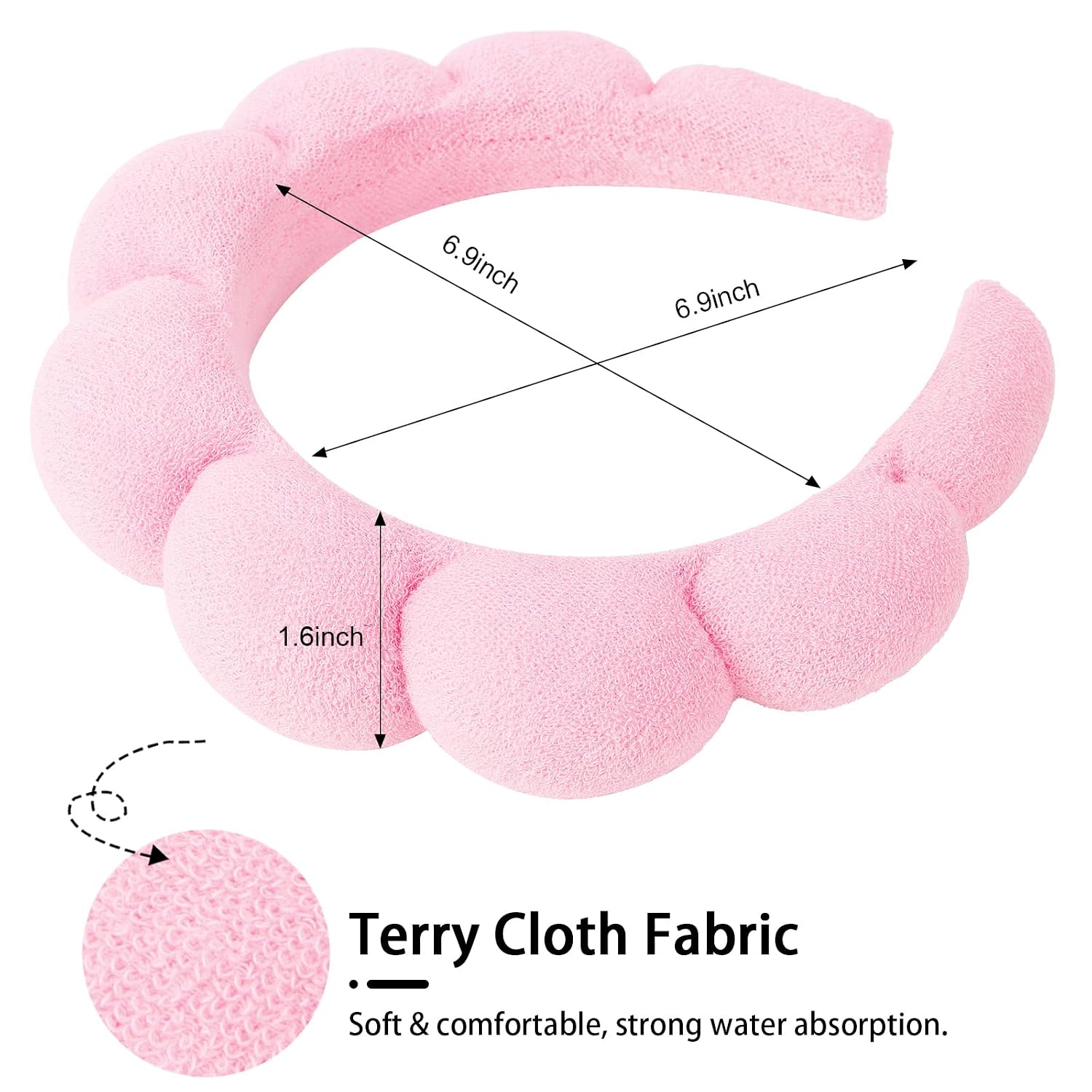 WHAVEL 3 Pack Spa Headband Skincare Headbands, Makeup Headband Sponge Terry Cloth Headbands Face Wash Headband Puffy Hair Band for Washing Face Women Girls (Pink)