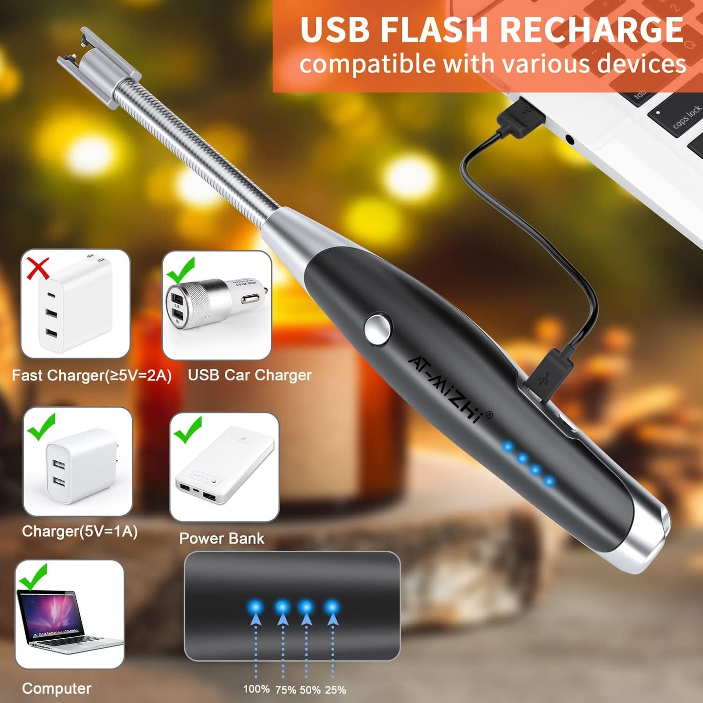 AT-Mizhi Electric Lighter - Rechargeable Long Neck Lighter with LED Flashlight for Candles, Camping & BBQ