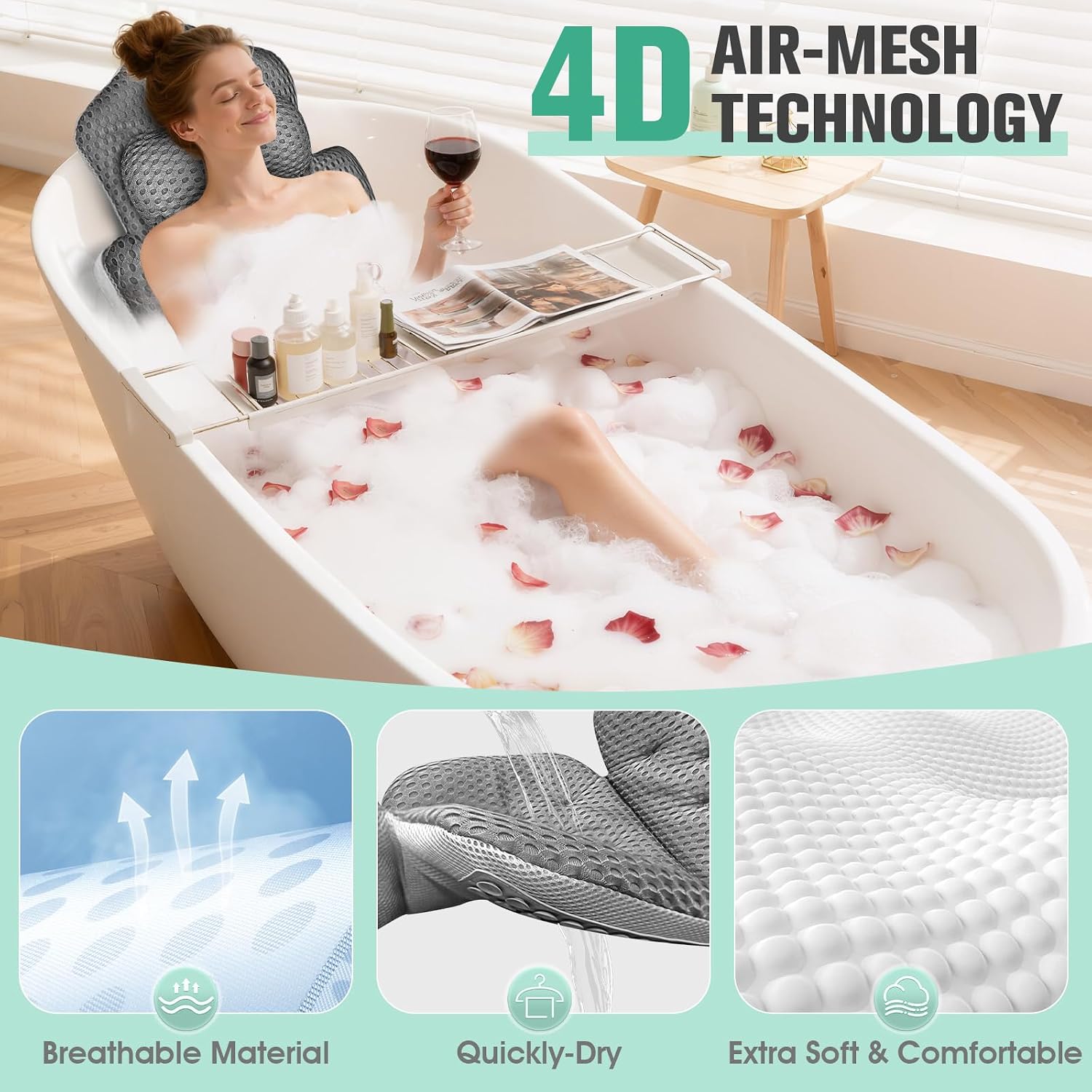 Upgraded Full Body Bath Pillow for Bathtub,Luxury Thick Bath Cushion for Soaking Tub with 192 Suction Cups,Full Body Bathtub Pillows for Head and Neck Shoulder Support,4D Air Mesh, 53" x 16" Dark Gray