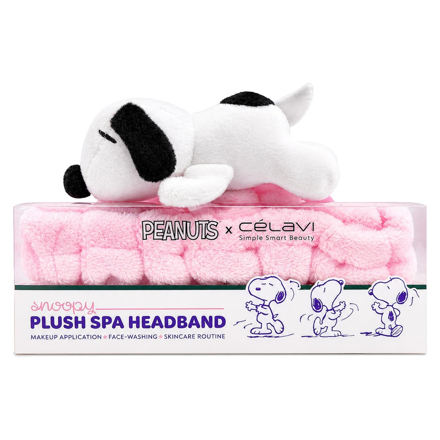 Celavi x Peanuts Snoopy Plush Spa Headband - Soft Pink Makeup Hair Band for Face Washing & Skincare Routine, Cute Facial Accessory for Women & Girls