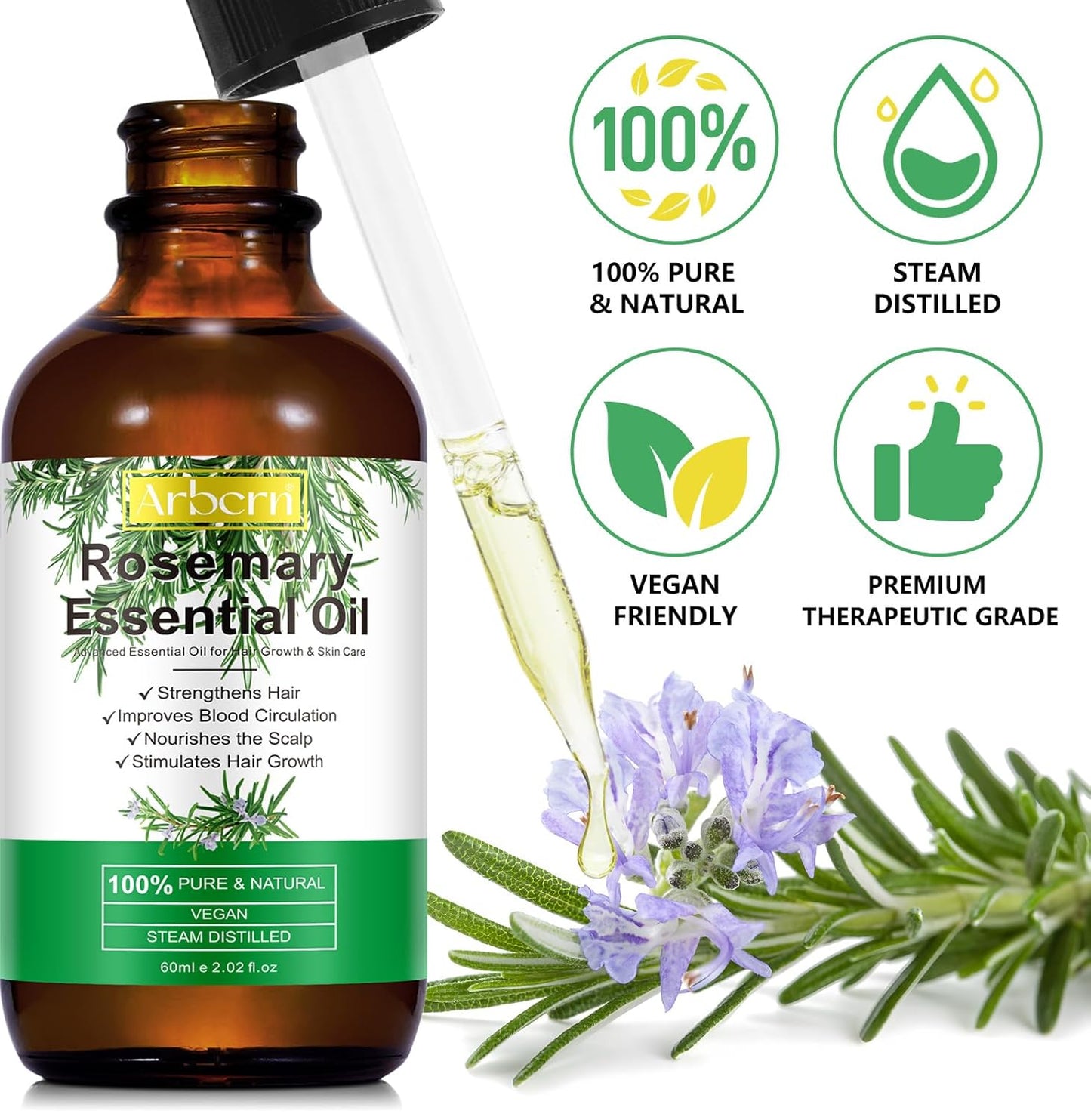 A r b c r n 2 Pack Rosemary Oil for Hair Growth Organic,100% Pure Rosemary Essential Oil for Eyebrow and, colourless