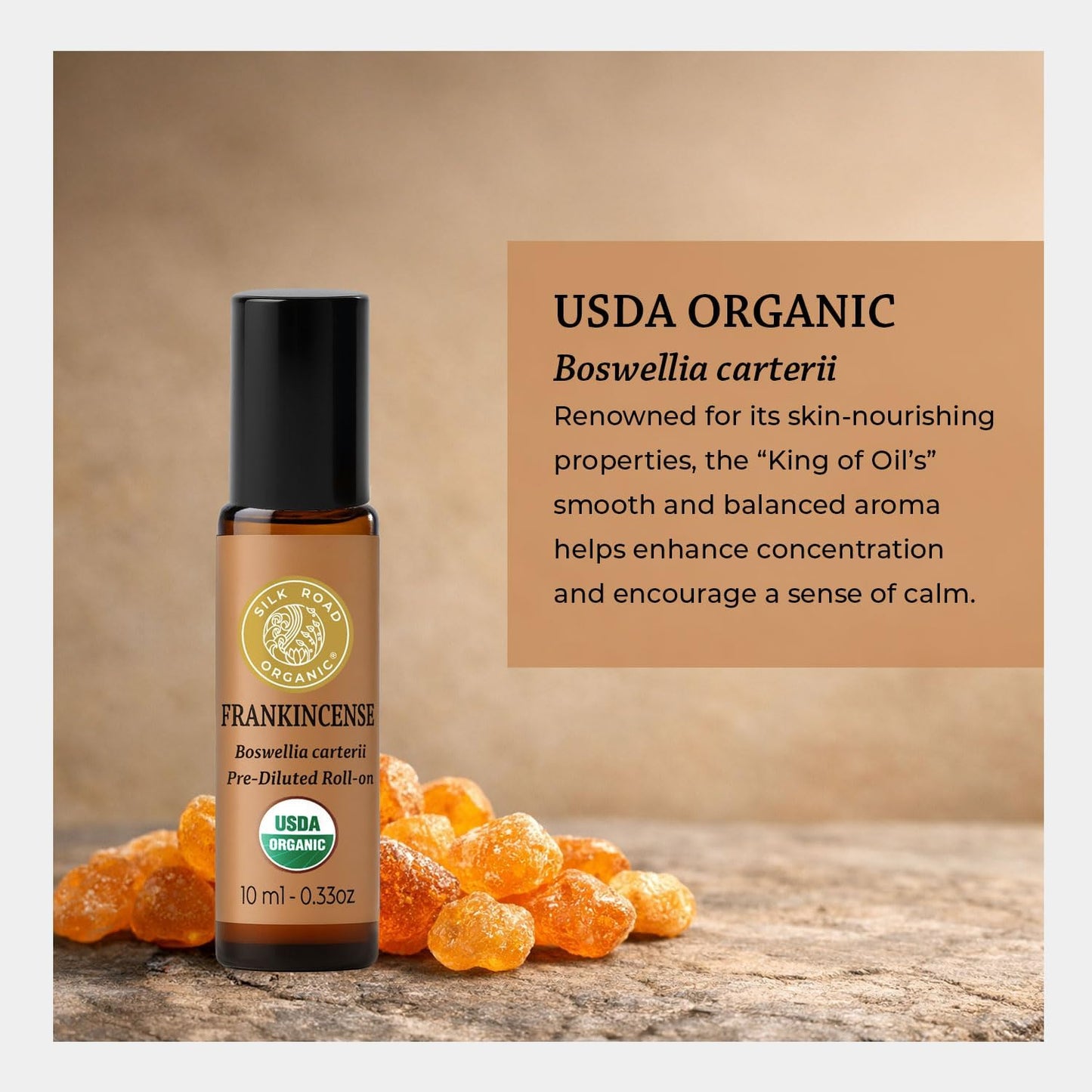 Silk Road Organic Frankincense Carterii Essential Oil Roll On, 100% Pure USDA Certified Aromatherapy for Radiant Skin, Body Aches, Stress Relief, & Calm - 10 ml Roller