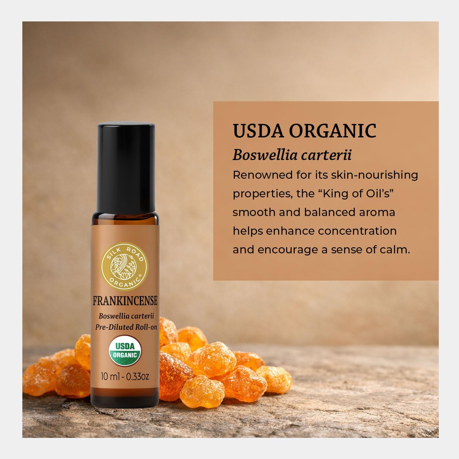 Silk Road Organic Frankincense Carterii Essential Oil Roll On, 100% Pure USDA Certified Aromatherapy for Radiant Skin, Body Aches, Stress Relief, & Calm - 10 ml Roller