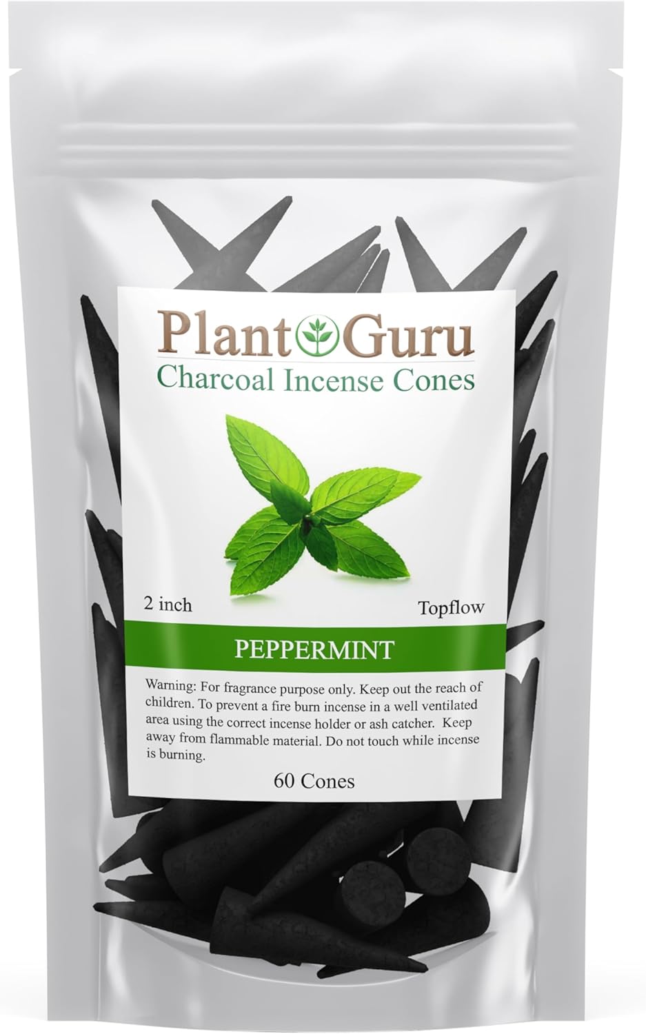 Peppermint Charcoal Incense Cones 2" TOPFLOW - 60 Pack Bulk - Natural Scented Cones Handmade Hand Dipped