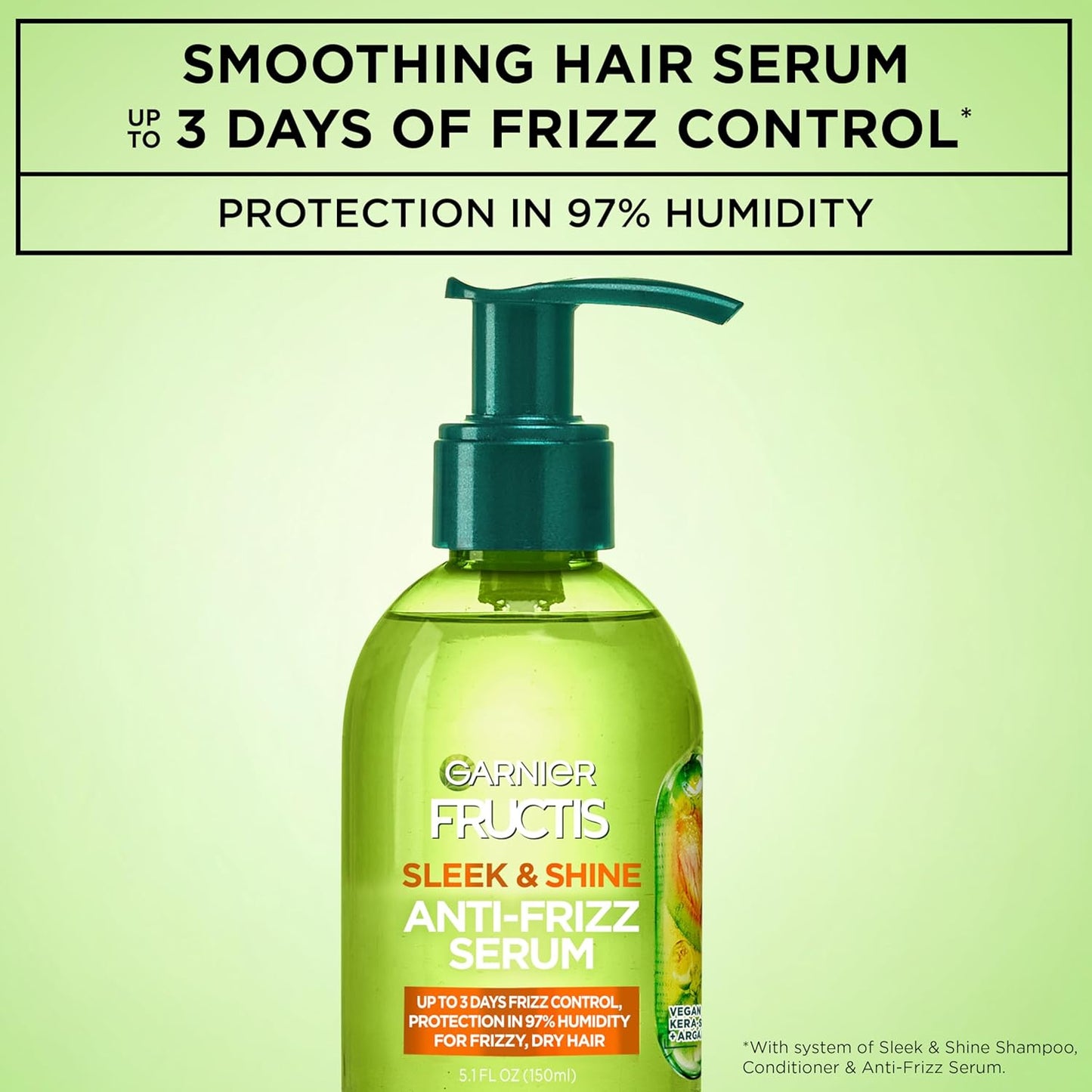 Garnier Fructis Sleek & Shine Anti-Frizz Serum, Leave-In Hair Treatment with Vegan Kera System + Argan Oil, Up to 72HR Frizz Control and Humidity Protection, For Frizzy, Dry Hair, 5.1 Fl Oz