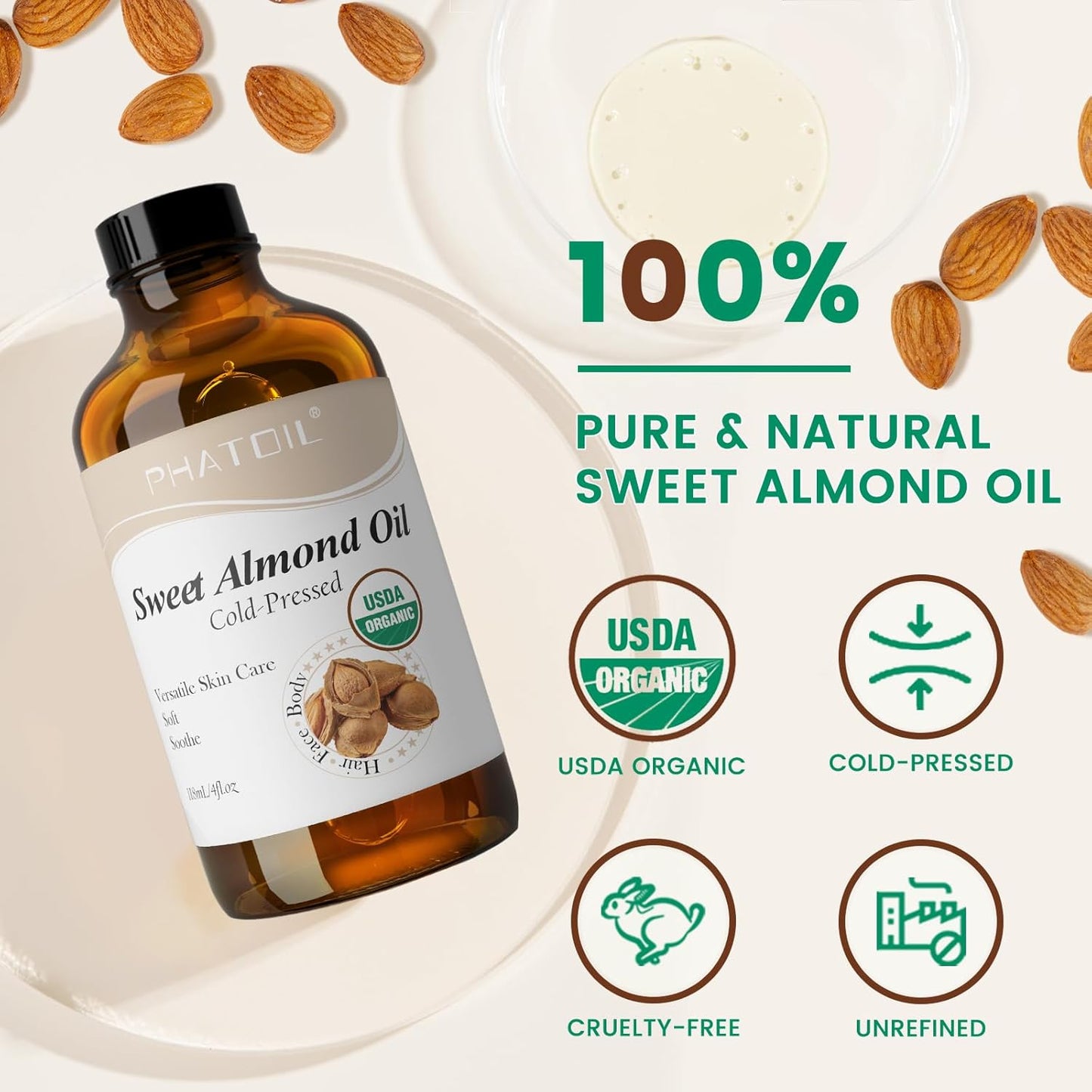 PHATOIL Organic Sweet Almond Oil for Skin 118 ml (4 fl.oz), USDA Certified Organic, Cold Pressed Almond Oil in Glass Bottle for Hair, Face, Body Moisturizer, Carrier Oil for DIY, Massage