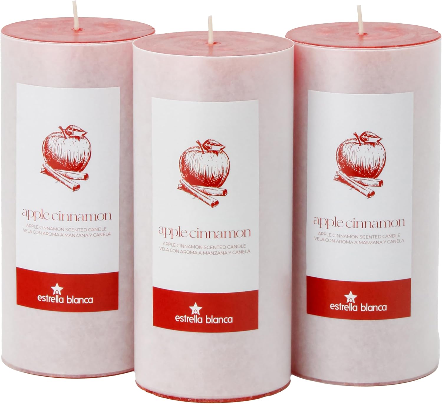 Apple Cinnamon Scented Red Pillar Candles – Set of 3 (3x6 Inch) – Long-Lasting Scented Candles for Home Décor, Aromatherapy & Gifts