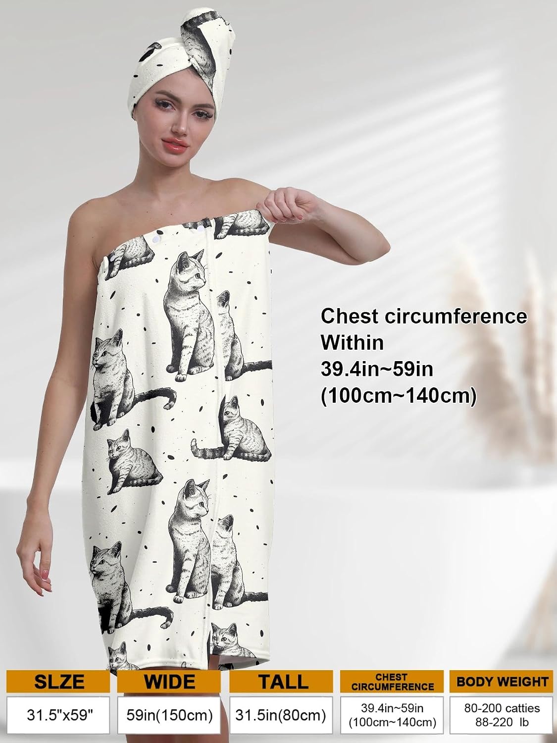 YWMAN Microfiber Bath Wrap Set with Hair Turban, Cat Pattern, 59x31 inches, Soft Spa Towel