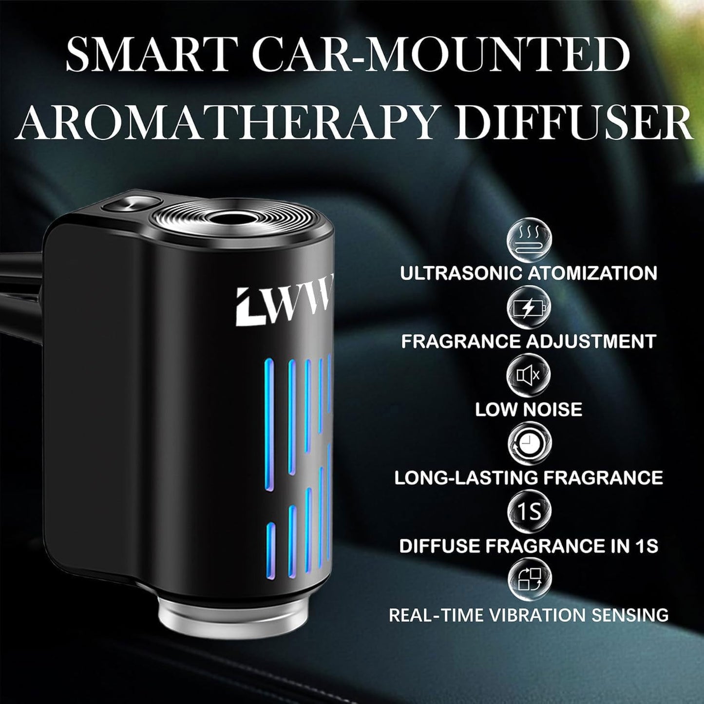 LWW Smart Car Air Freshener Diffuser, Rechargeable Car Aroma Diffuser with 3 Spray Modes & Color Light, Long Lasting Auto Scent Diffuser with 8 Essential Oils for Car Home Office, Black