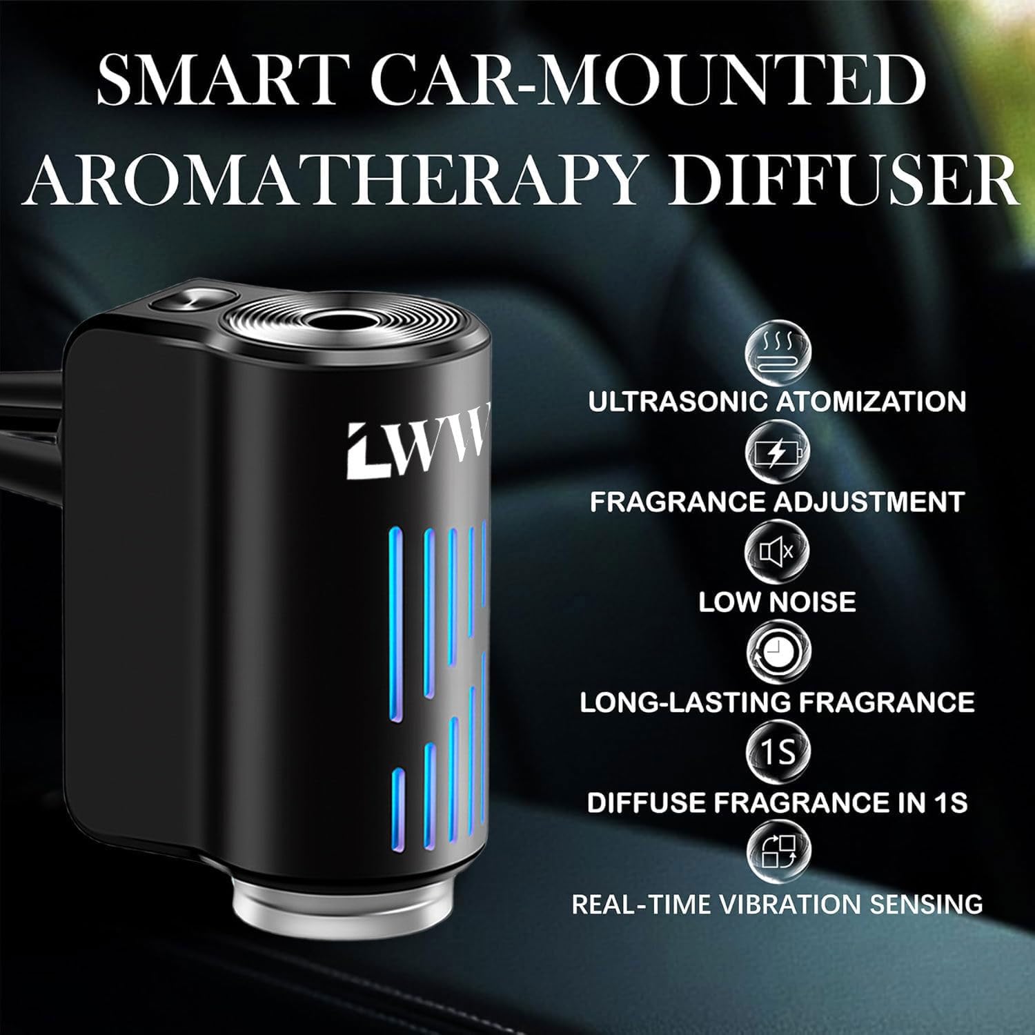 LWW Smart Car Air Freshener Diffuser, Rechargeable Car Aroma Diffuser with 3 Spray Modes & Color Light, Long Lasting Auto Scent Diffuser with 8 Essential Oils for Car Home Office, Black