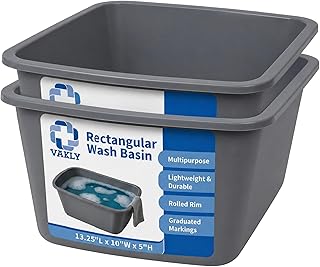 Vakly Wash Basins – Rectangular Plastic Hospital Bedside Soaking Tub (Pack of 2) Small 7 Qt Graduated Bucket - Portable Washbasin for Washing, Cleaning, Foot Bath, Dishes, Face Cleansing Bowl