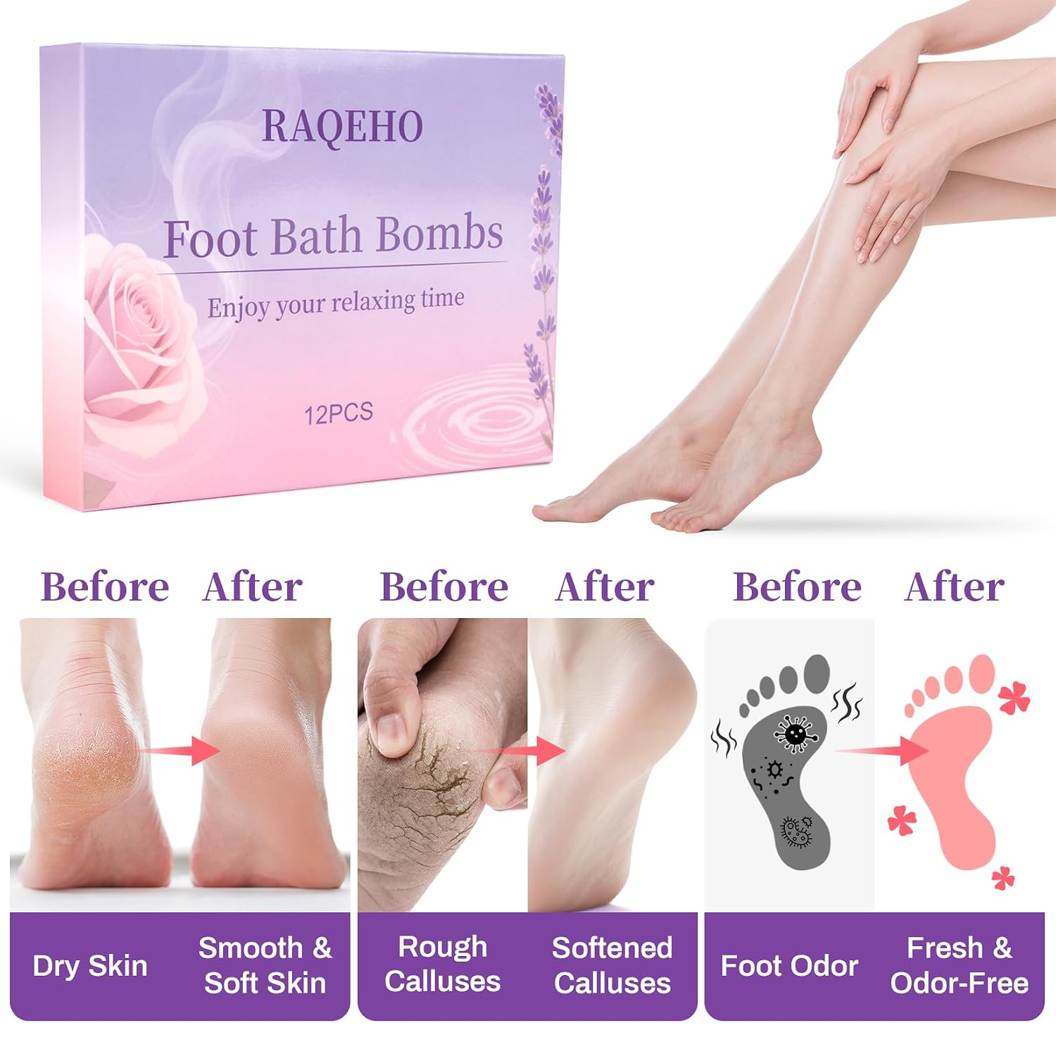 12PCS Foot Bath Bombs - Rose Lavender Aromatherapy Foot Bath Soak Individually Wrapped with Sea Salt for Dry Cracked Feet Softener Exfoliator Odor Home Spa Essentials Pedicure Supplies