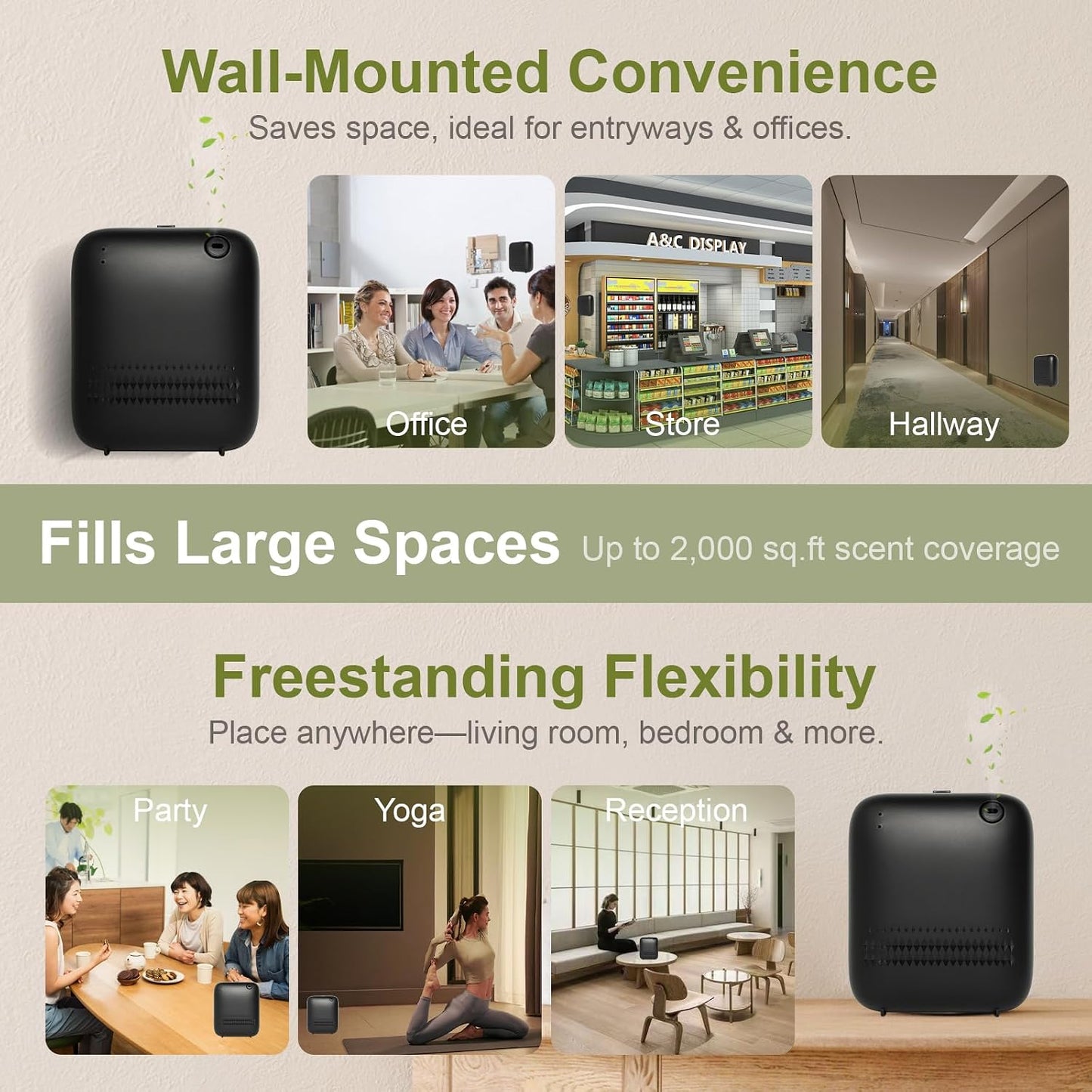 Waterless Diffuser,2000 Sq Ft,USB Plug-in&Battery,Safety Lock,Quiet,Bluetooth App,Hotel Home Collection Scent Machine - Black