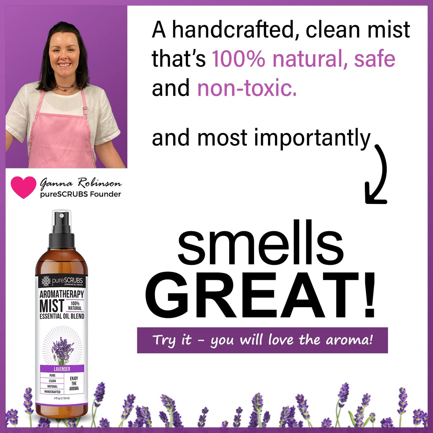 Shake, Mist & Enjoy - pureSCRUBS Premium Lavender Aromatherapy Spray Mist for Room, Body, Linens, Pillows 100% Natural Essential Oils Plant Based Formula, One 4oz Bottle