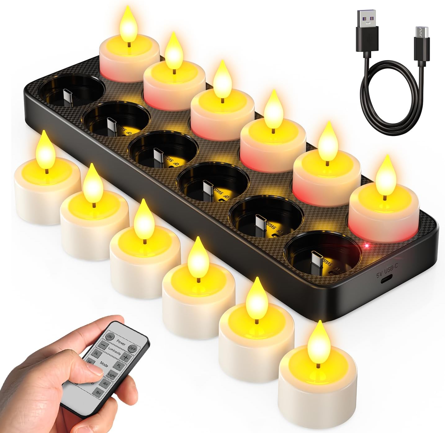 SoulBay Flameless Candles with Remote Control Timer & Charging Base, 12pcs USB Rechargeable Battery LED Tea Lights Candles Small Votive for Lantern Pool Mantle Weddings Emergency Christmas Decorative