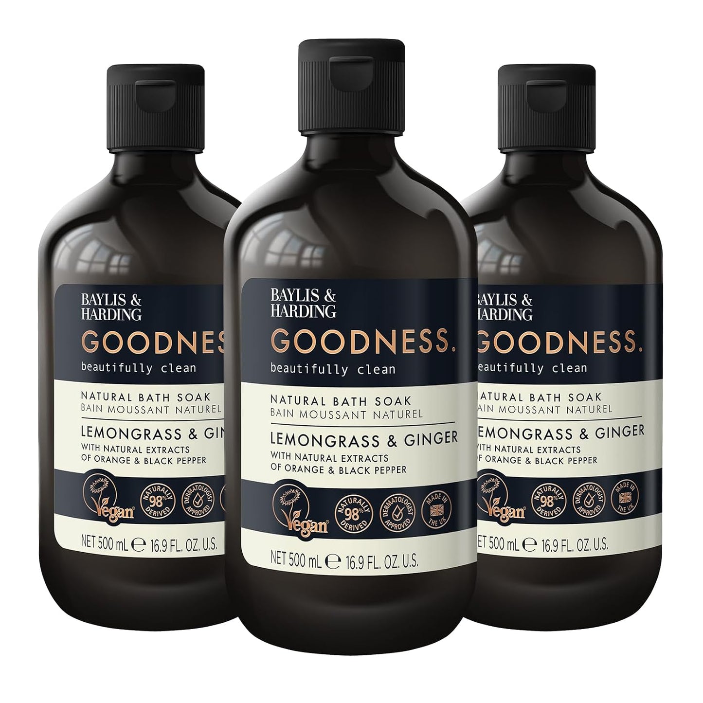 Baylis & Harding Goodness Lemongrass & Ginger Natural Bubble Bath 16.9 fl. oz (Pack of 3) - Biodegradable Formula - Vegan Friendly