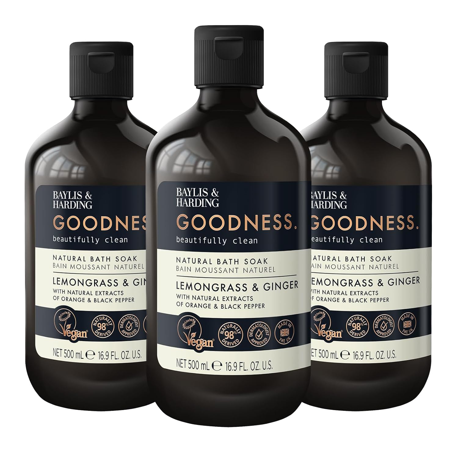 Baylis & Harding Goodness Lemongrass & Ginger Natural Bubble Bath 16.9 fl. oz (Pack of 3) - Biodegradable Formula - Vegan Friendly