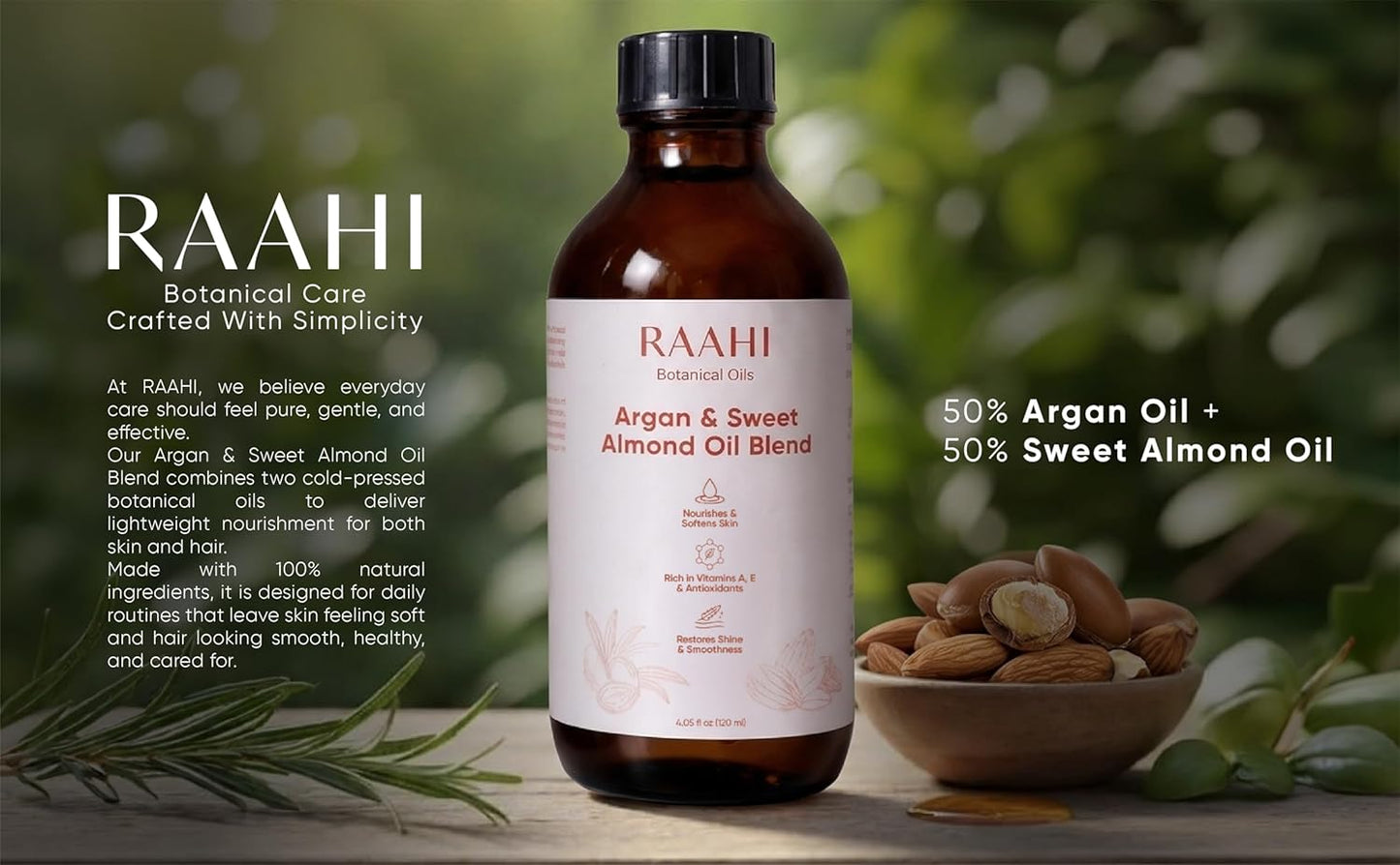 RAAHI Argan Oil and Sweet Almond Oil for Hair and Skin, 8.45 fl oz / 250 ml, Lightweight Non Greasy Moisturizer for Face, Body, Scalp and Hair