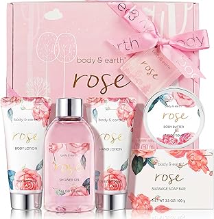 BODY & EARTH Spa Gift Set for Women - Luxurious 5 Pcs Bath and Body Box, Rose Scent, Includes Body Wash, Body Butter, Body Lotion and More, Birthday Mothers Day Gifts for Mom Self Care Kit for Her