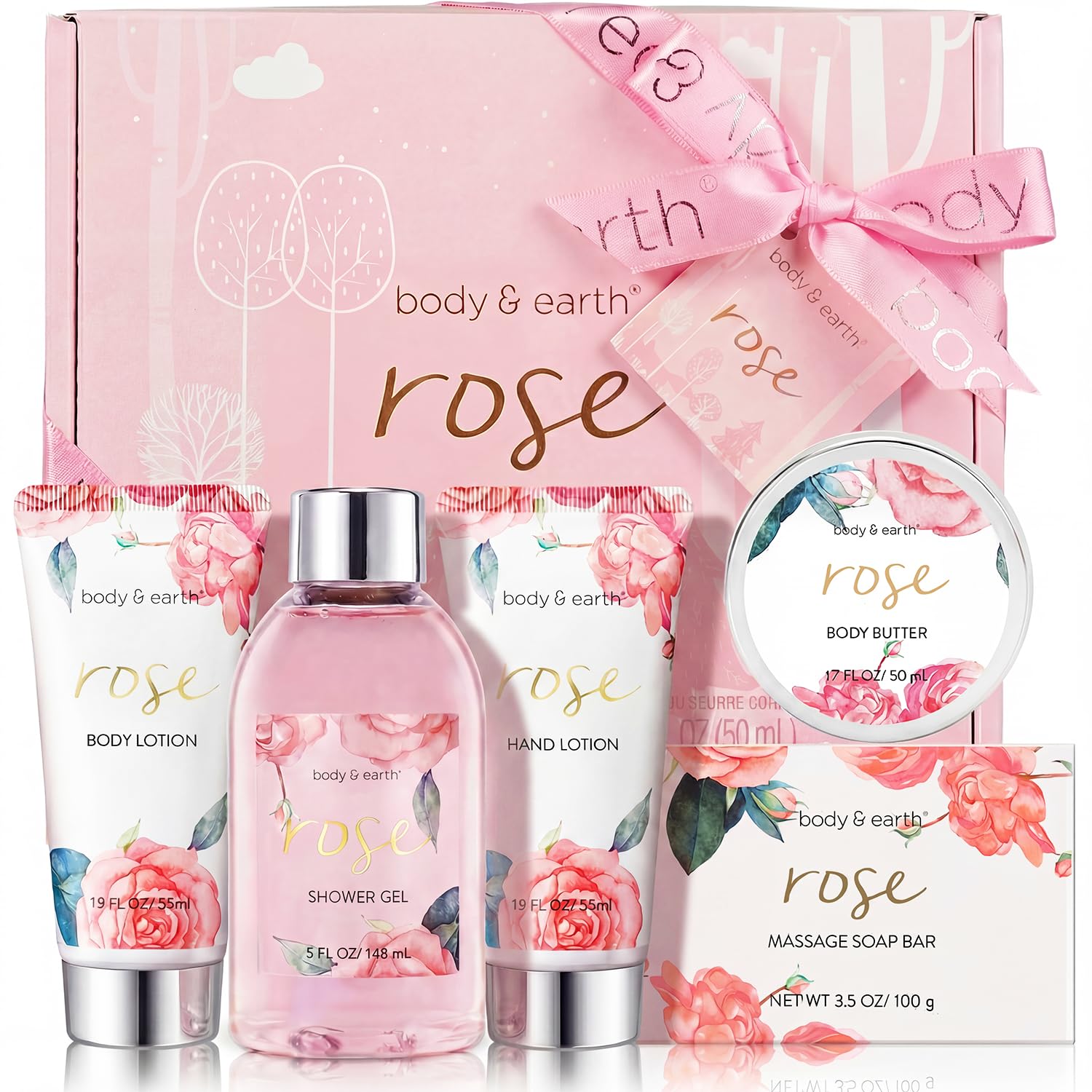 BODY & EARTH Spa Gift Set for Women - Luxurious 5 Pcs Bath and Body Box, Rose Scent, Includes Body Wash, Body Butter, Body Lotion and More, Birthday Mothers Day Gifts for Mom Self Care Kit for Her