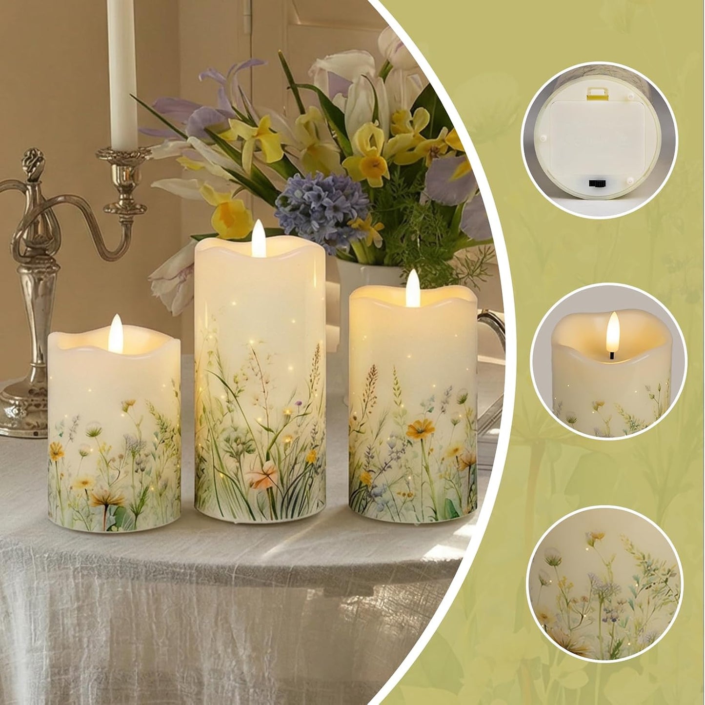 Flameless Candles, Battery Operated Floral Candles with Remote, Fiber Optic Flameless Pillar Candles Set of 3 for Spring Decorations Indoor