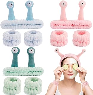 SuPoo 9 Pcs Skincare Headbands Snail Spa Headband and Wristband Set Alien Pink Face Wash Wristbands Cute Makeup Hair Band for Washing Face Wrap Head Towel Wrist Towels for Shower