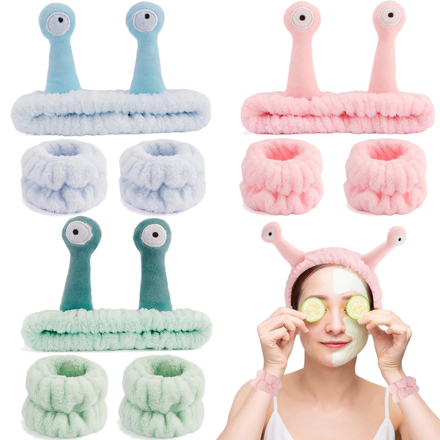 SuPoo 9 Pcs Skincare Headbands Snail Spa Headband and Wristband Set Alien Pink Face Wash Wristbands Cute Makeup Hair Band for Washing Face Wrap Head Towel Wrist Towels for Shower