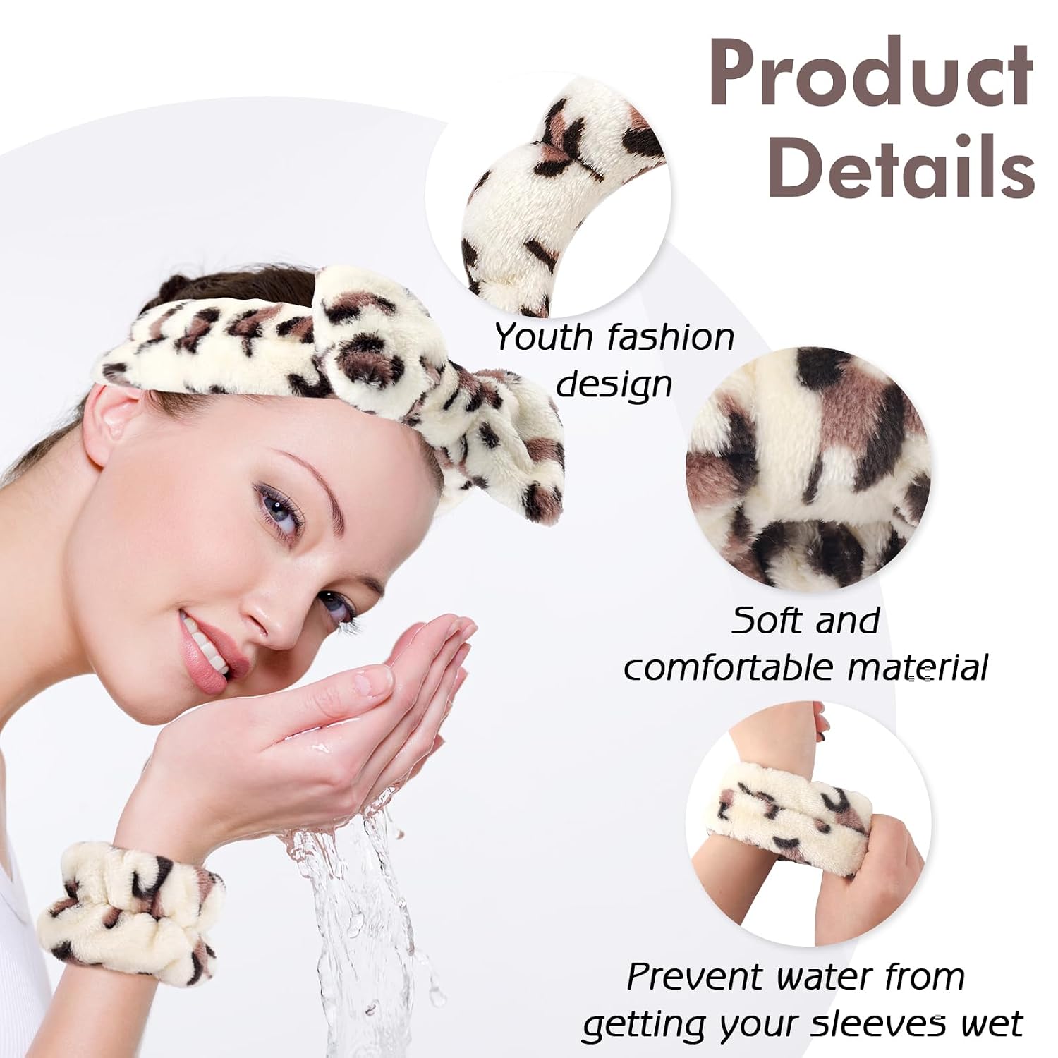 Zkptops 6Pcs Spa Headband for Washing Face Wristbands Set Women Bubble Makeup Sponge Plush Padded Puffy Skincare Headband Bow Tie Hairband Cute Non Slip Thick Hair Accessory Gifts(Beige Leopard)