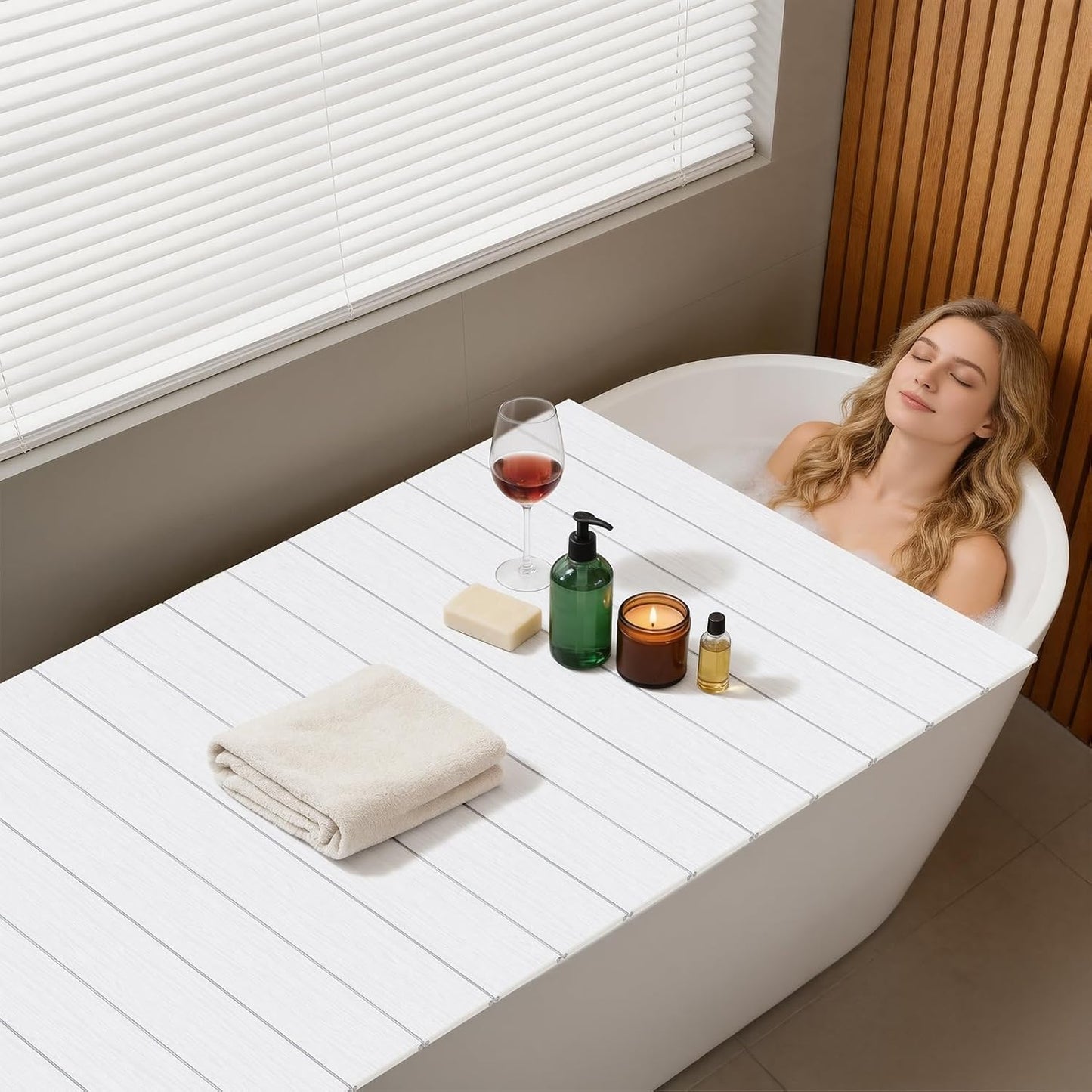 Foldable Bathtub Cover, 63x31.5x0.3in Bath Tub Tray Waterproof, Folding Bath Cover Insulation Table Dust Board, PVC Shutter Bathtub Lid Plate Fits Most Tubs for Bathroom Shower, White