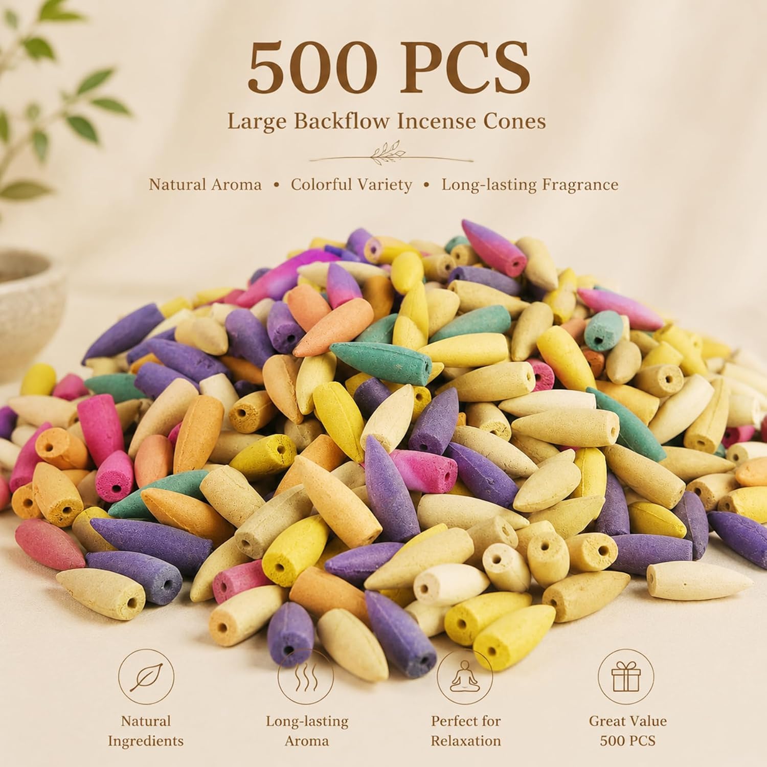 500Pcs Large Backflow Incense Cones for Waterfall - Natural Scents for Waterfall Incense Fits All Backflow Incense Burners, Meditation Yoga Aromatherapy, Scented Cones