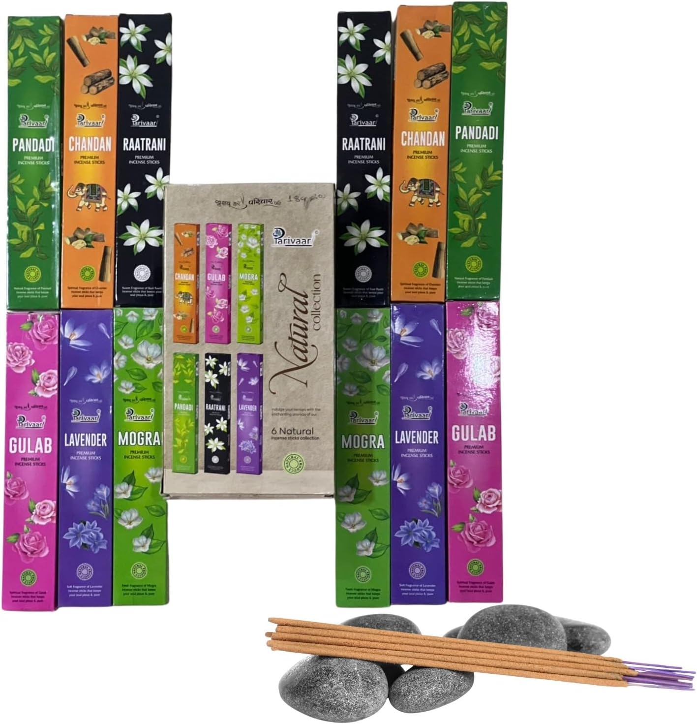 House of Bharat Rolled Masala Incense Sticks, 12 Packs (216g), 180 Sticks; Organic Natural Agarbatti: Chandan, Gulab, Mogra, Raatrani, Lavender; for Yoga, Meditation, Aromatherapy, Home Fragrance