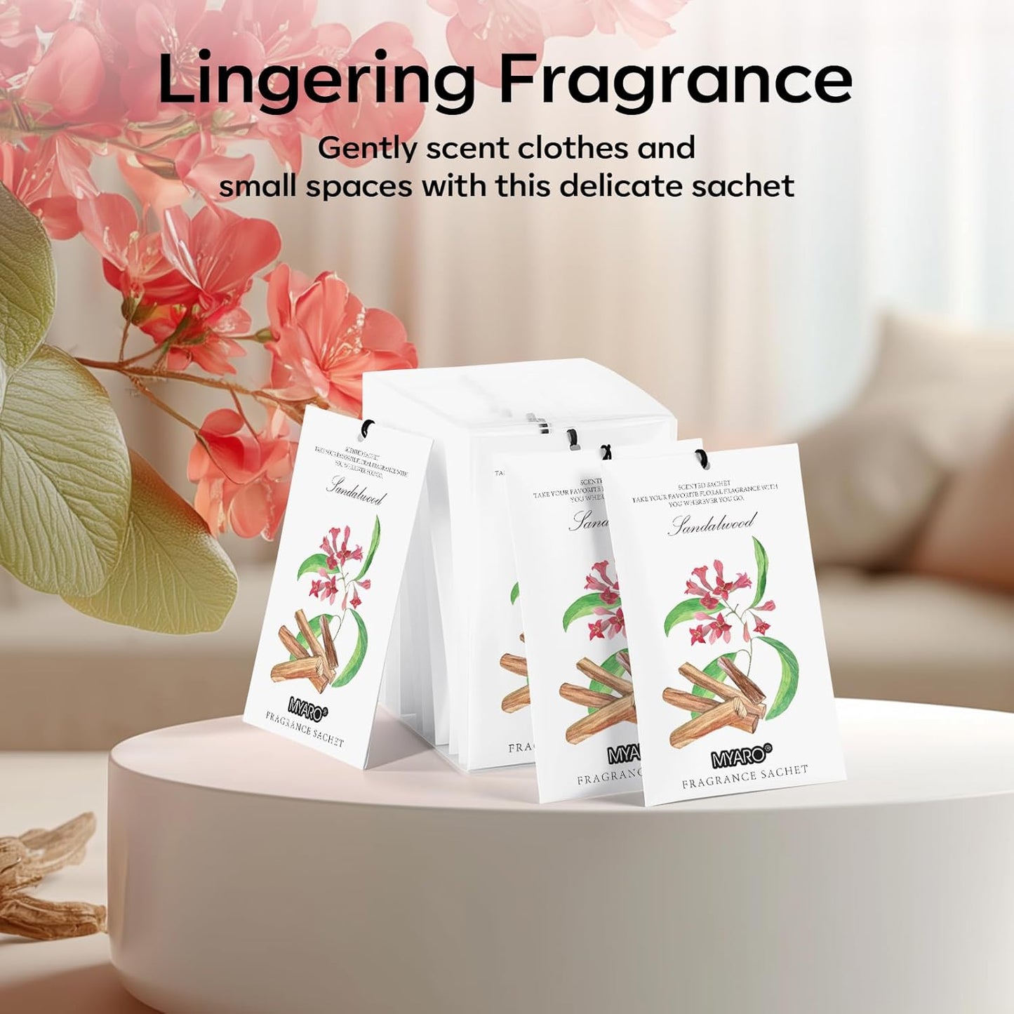 MYARO 12 Pack Sandalwood Scented Sachets for Drawer, Closet & Small Spaces Air Freshener Bags, Odor Eliminator for Clothes, Car, Wardrobe, Home Fragrance Gift Set