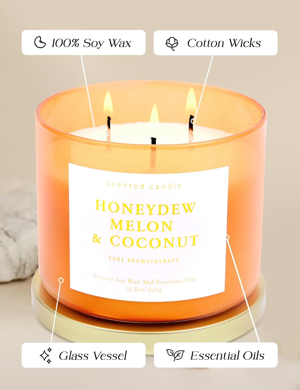 Honeydew Melon Coconut 3-Wick Soy Candle | 15.8 oz Large Scented Candle for Home | Clean Burn Long Lasting | Fresh Melon Coconut Scent | Gift Ready