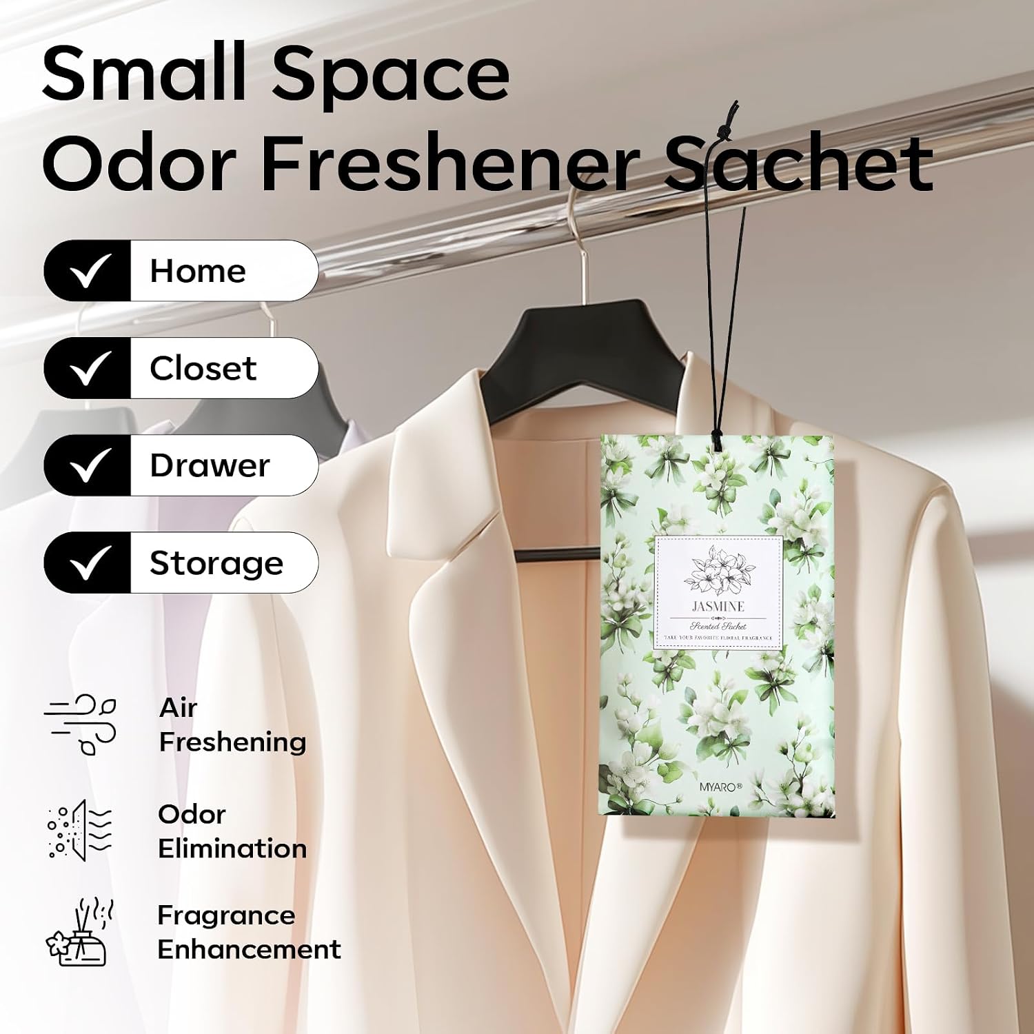 MYARO 20 Pack Jasmine Scented Sachets - Fresh Drawer & Closet Air Freshener Bags, Odor Eliminator for Bathroom, Lingerie Drawers, Car & Travel