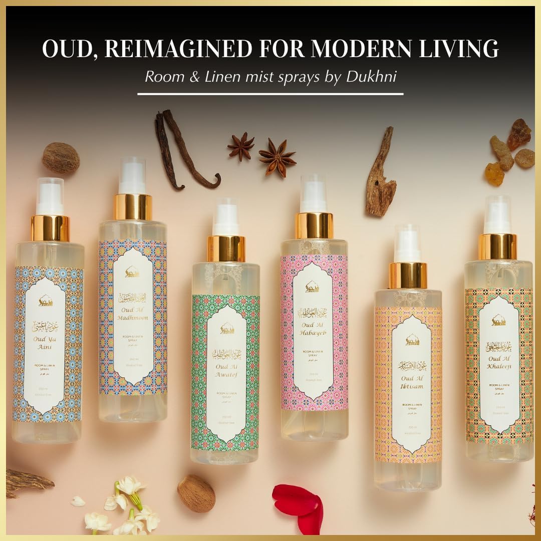 Oud al Ibtisam Arabic Room Spray by Dukhni | 250ml Oud fragrance Air Freshener, Attar al Faraash for home & prayer mats | Bed linen, Sofa Mist, natural home scent, curtain spray, odour eliminator