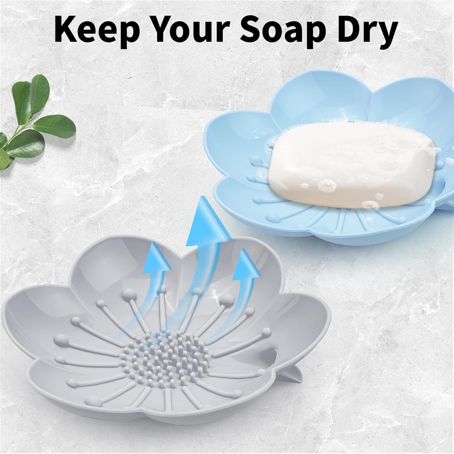 Soap Dishes 2 Pack Self Draining XL Flexible Bar Holder for Shower Steamer, Silicone Flower Soap Saver Tray for Counter Bathtub Sink Bathroom Decor with Drainage -Mirror Surface Easy Clean, Grey/Blue
