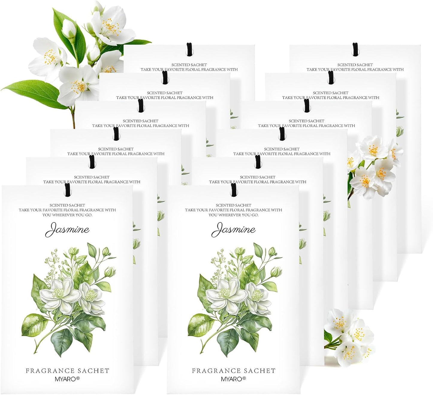 MYARO 12 Pack Jasmine Scented Sachets for Drawer, Closet & Small Spaces Air Freshener Bags, Odor Eliminator for Car, Shoes, Bathroom Home Fragrance Gift Set