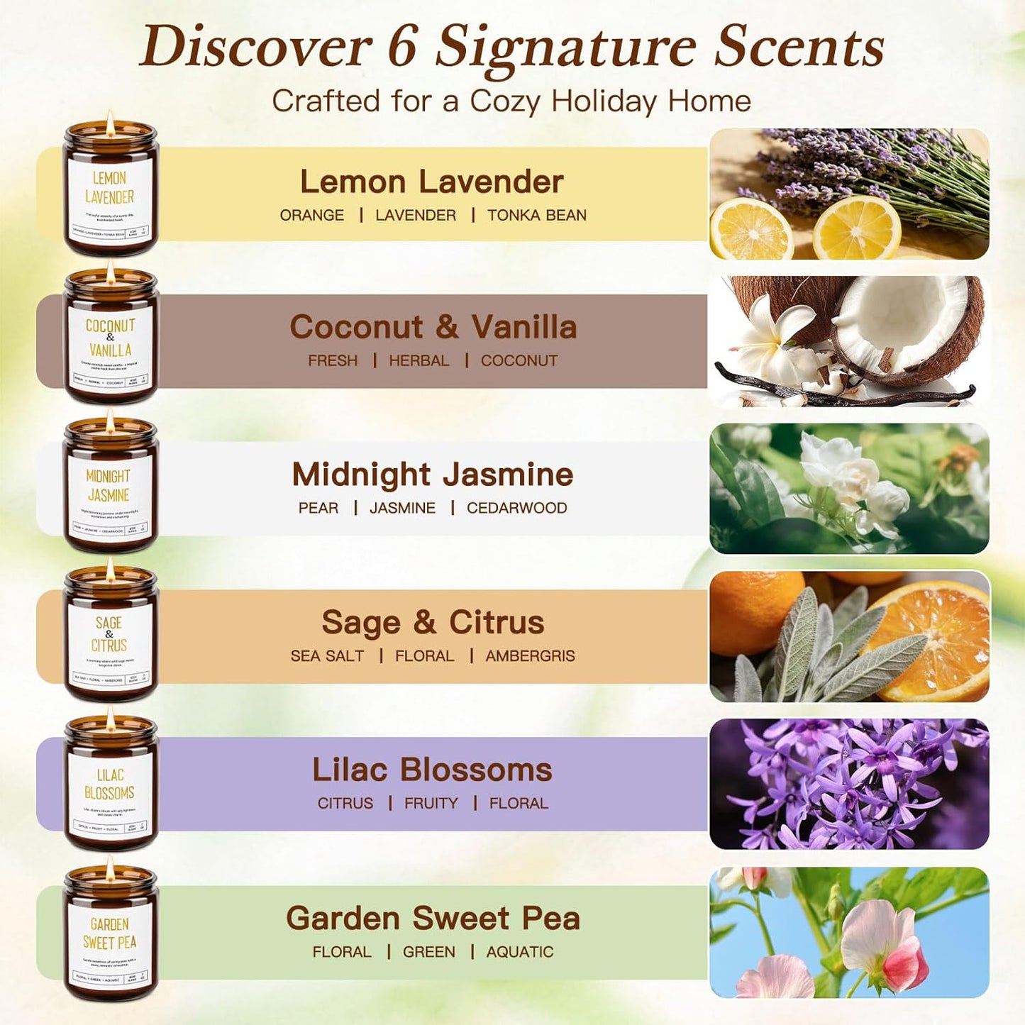 Candles for Home Scented - Soy Candles Non Toxic, 6 Pack Candle Gift Set, Long Lasting Scented Candles with Lavender, Lemon, Vanilla, Coconut, Jasmine, Sage -Floral & Fruity Scents