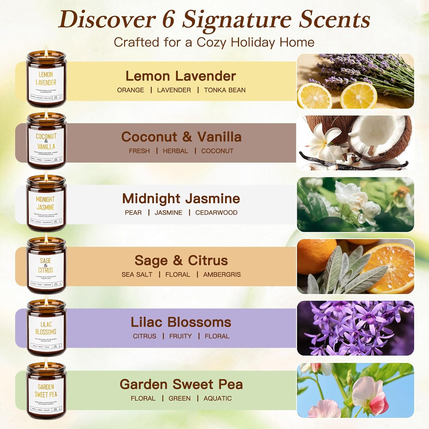 Candles for Home Scented - Soy Candles Non Toxic, 6 Pack Candle Gift Set, Long Lasting Scented Candles with Lavender, Lemon, Vanilla, Coconut, Jasmine, Sage -Floral & Fruity Scents
