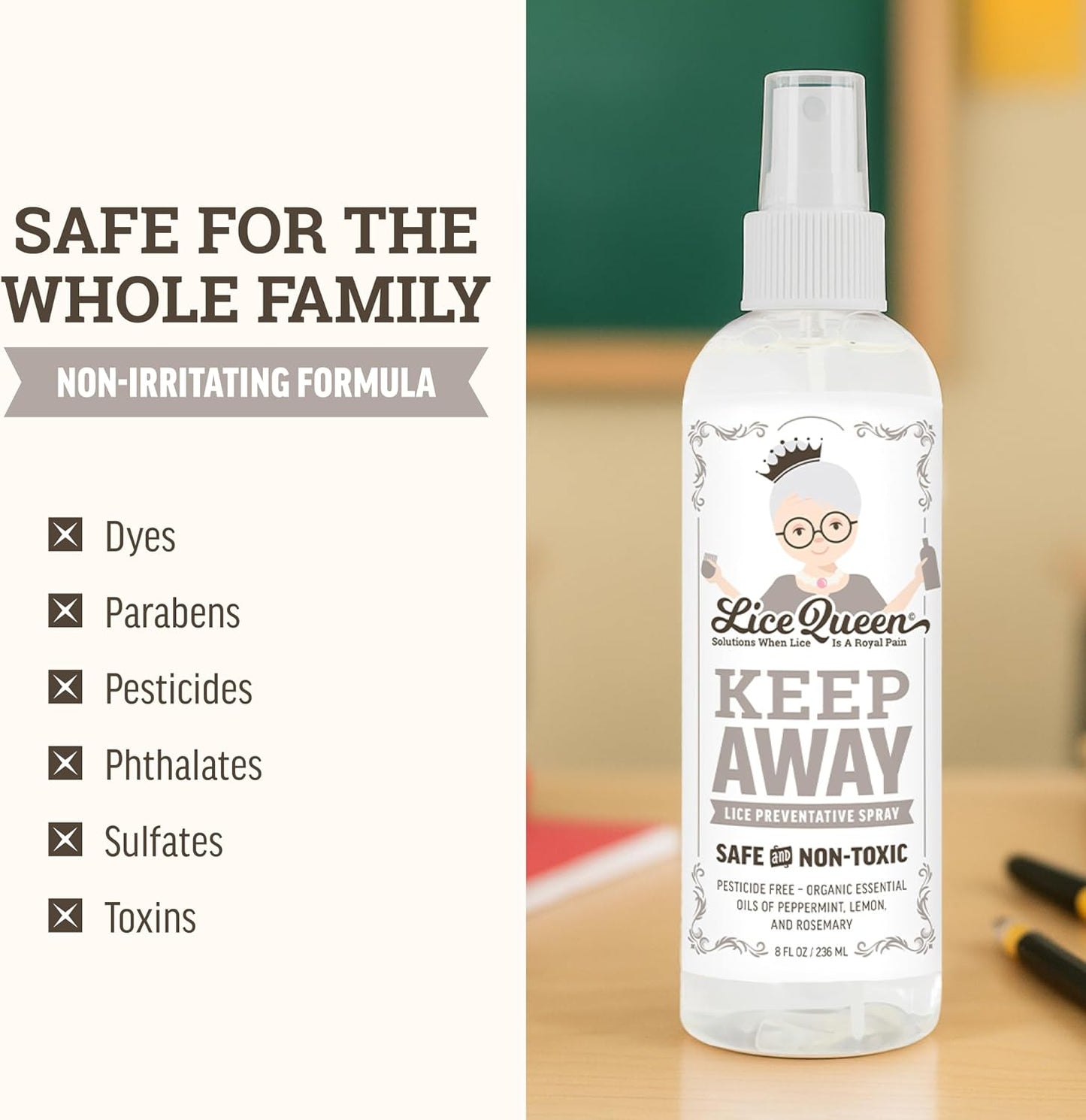 Keep Away Lice Preventative Spray for Hair, Bedding, Coats and Backpacks - Safe, Non-Toxic - Organic Essential Oils of Peppermint, Lemon and Rosemary - 8 fl oz - 2 Pack