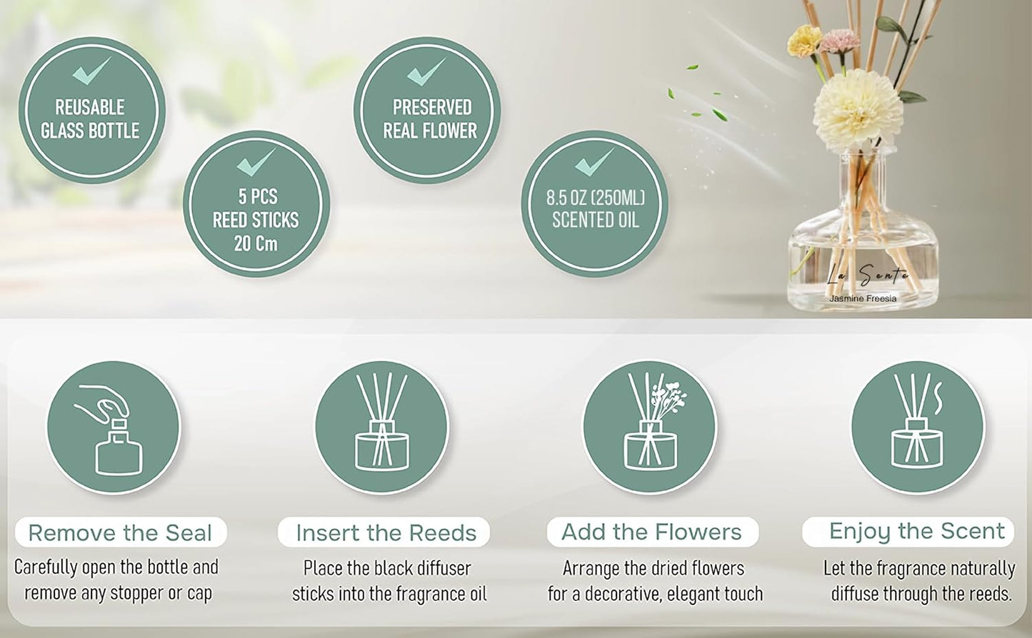 Reed Diffuser Set 8.5 fl oz / 250 ml Glass Bottle with Decorative Flower & Natural Reeds Flameless Home Fragrance for Bathroom Bedroom Office Jasmine Freesia Scent