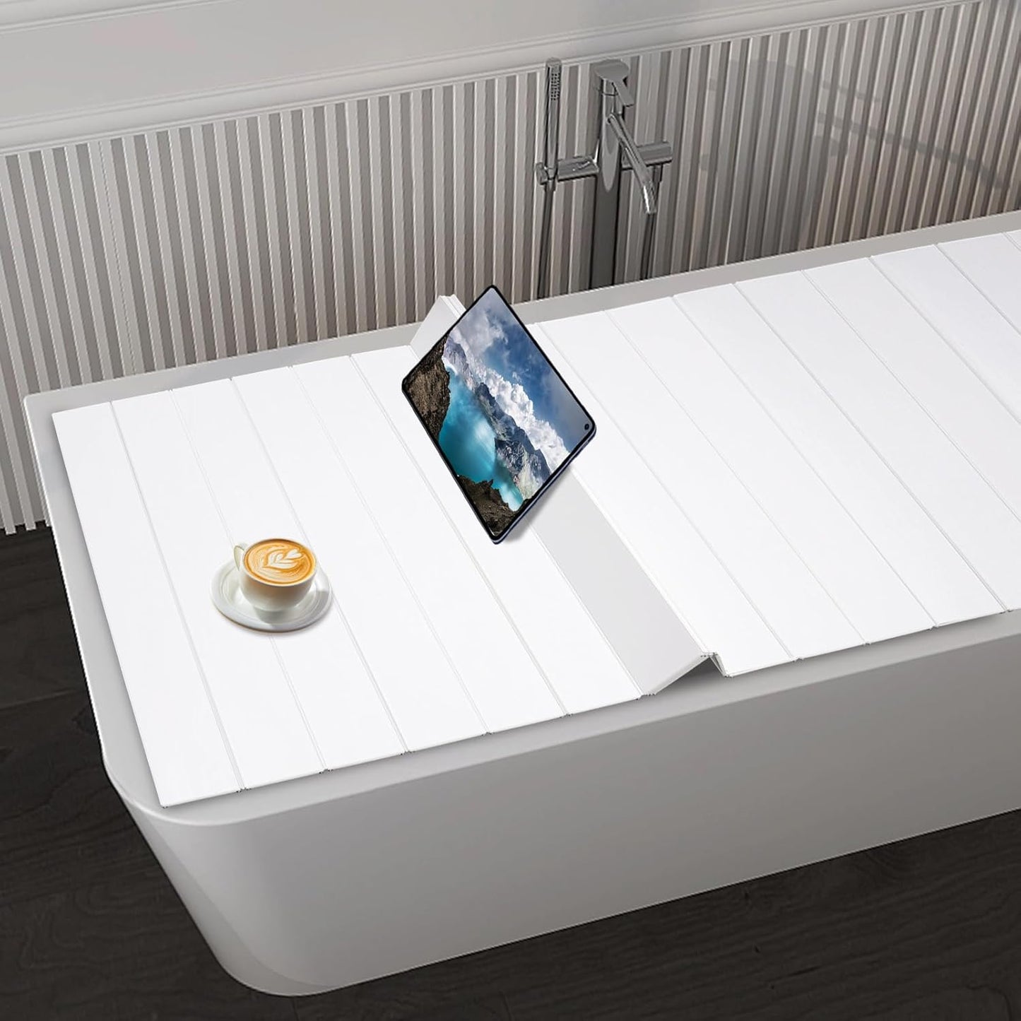 Foldable Bathtub Tray for Bathroom Storage and Relaxation, White Wood Grain Cover Board, Adjustable Bath Caddy Shelf for Home Spa, Adults, and Families