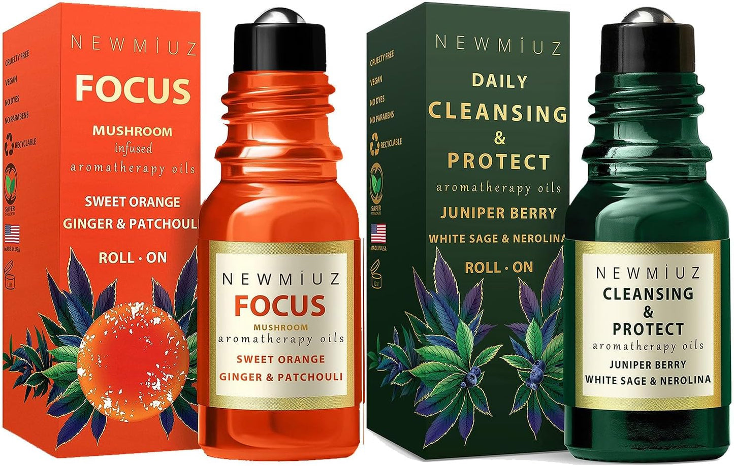 Roll-On Essential Oil Blends Focus Memory Concentration Orange Ginger Patchouli & Cleansing and Protect Juniper Berry White Sage with Nerolina, Pack of 2