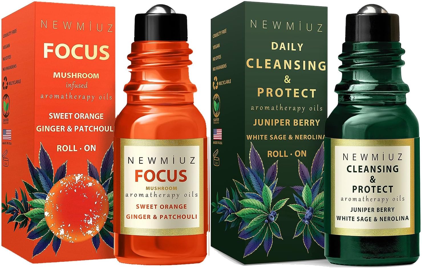 Roll-On Essential Oil Blends Focus Memory Concentration Orange Ginger Patchouli & Cleansing and Protect Juniper Berry White Sage with Nerolina, Pack of 2