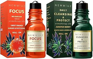 Roll-On Essential Oil Blends Focus Memory Concentration Orange Ginger Patchouli & Cleansing and Protect Juniper Berry White Sage with Nerolina, Pack of 2