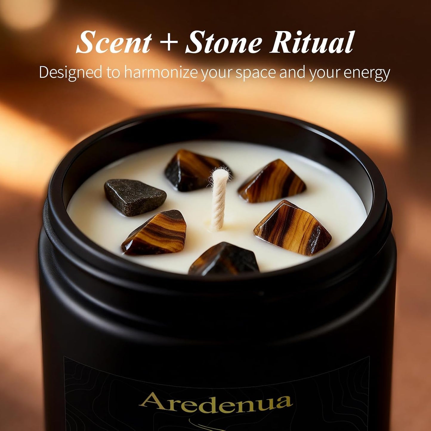 Crystal Candle with Tiger Eye Healing Crystals, Citrus Aromatherapy Candle for Confidence, Natural Soy Wax Scented Candle with Real Gemstone, 7oz Long Burning, Motivational Chakra Gift