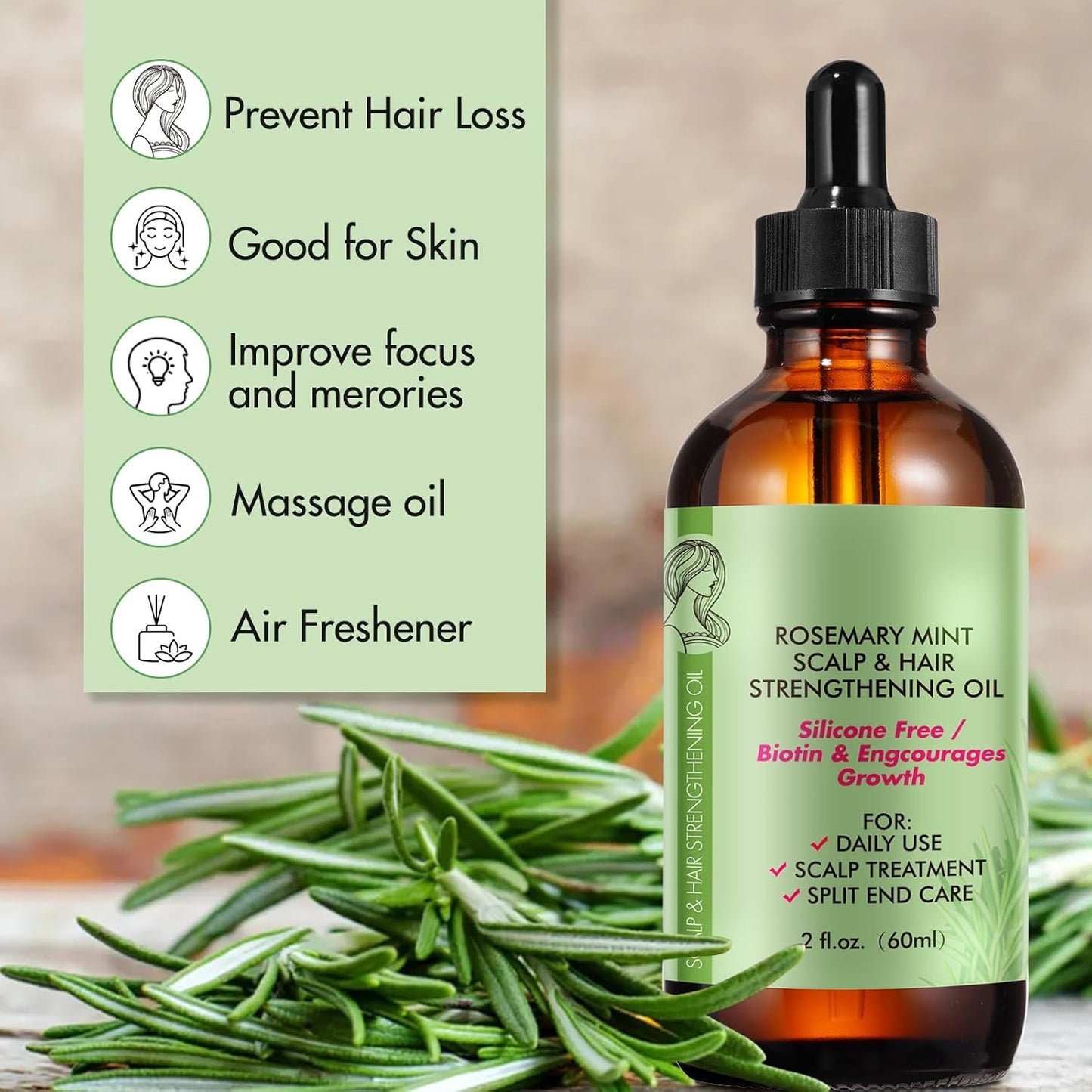 Rosemary Oil for Hair Growth, Rosemary Essential Oil, 100% Pure Natural, Dry Scalp Treatment, Hair Growth Serum for Thicker Longer Fuller Healthier Hair 2.02 fl oz