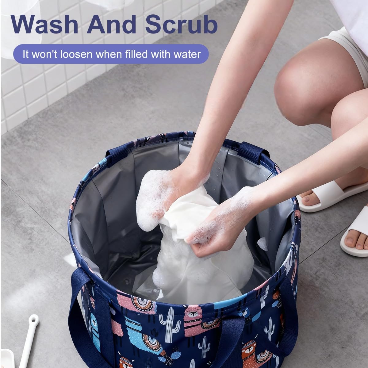 15L 10.6×7.1in Oxford Fabric Collapsible Foot Soaking Tub, Navy Blue Foldable Foot Bath Basin with Handles, Multi-Function Foot Spa Bucket for Home, Travel, Camping & Outdoor